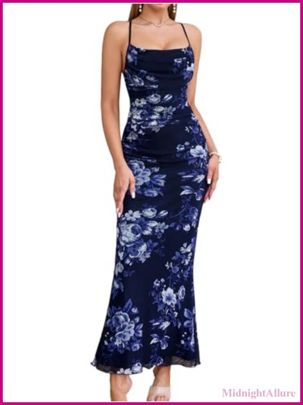 Women's Floral Formal Bodycon Ruched Maxi Dress, Sleeveless, Spaghetti Strap